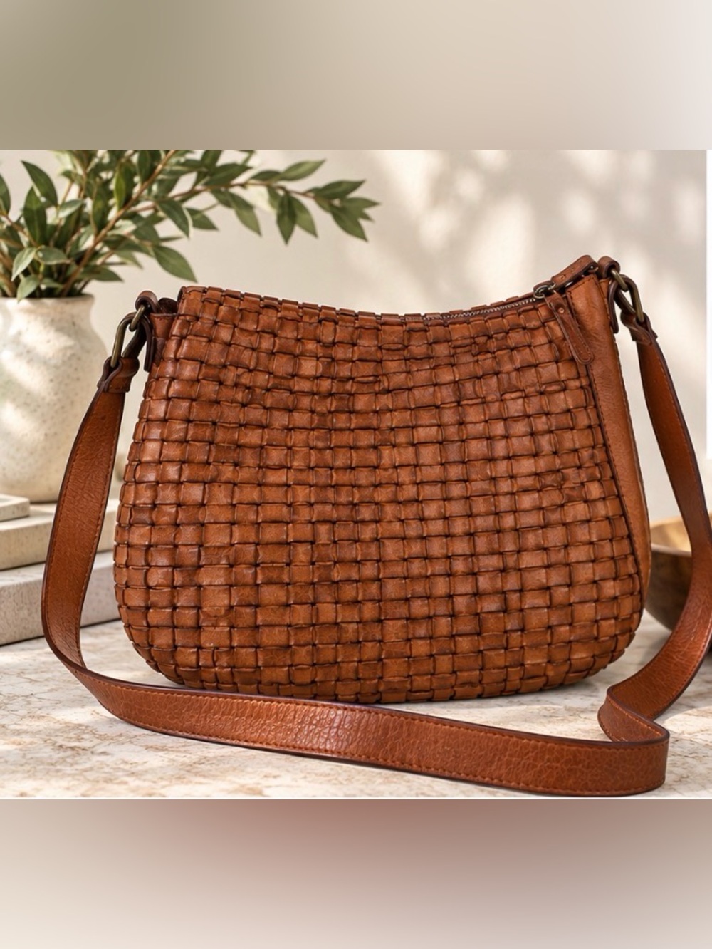Vilenca Genuine Leather Woven Crossbody Bag Cognac Brown Boho